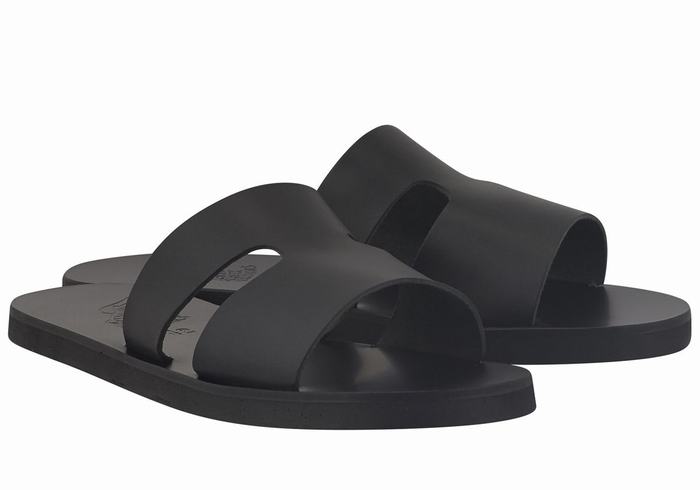 Men Ancient Greek Sandals Apteros Slide Sandals Black | QLW7778WX