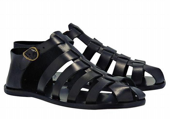 Men Ancient Greek Sandals Homer Leather Fisherman Sandals Black | HMV3959CD