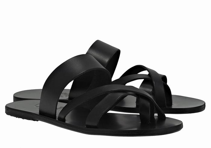 Men Ancient Greek Sandals Jason Leather Slide Sandals Black | KVZ8844PE