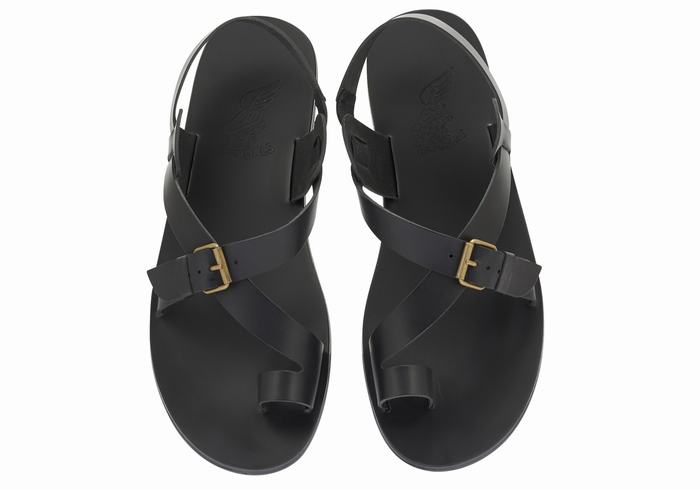 Men Ancient Greek Sandals Paris Leather Toe-Post Sandals Black | DQI8829TY