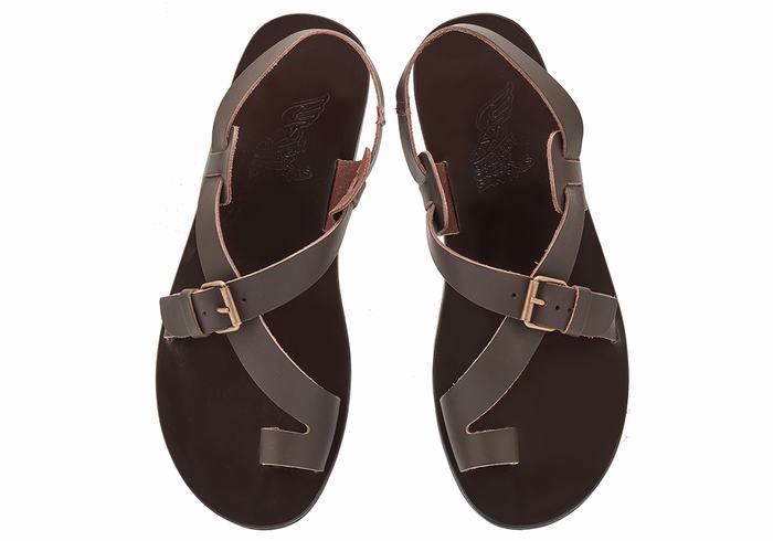 Men Ancient Greek Sandals Paris Leather Toe-Post Sandals Chocolate | SPV473WQ