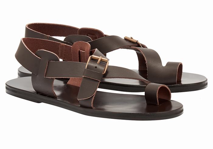 Men Ancient Greek Sandals Paris Leather Toe-Post Sandals Chocolate | SPV473WQ