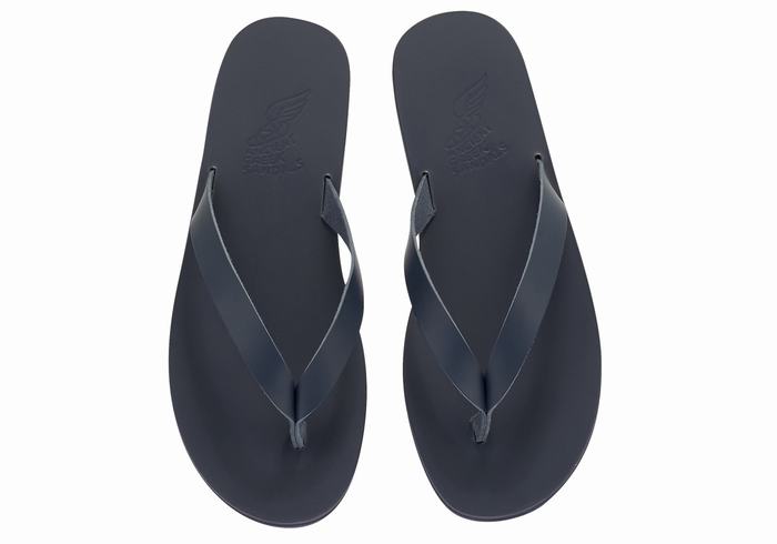 Men Ancient Greek Sandals Solon Leather Flip Flops Dark Blue | FNH3831ID