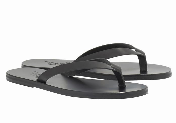 Men Ancient Greek Sandals Solon Leather Flip Flops Black | GVJ4590CL