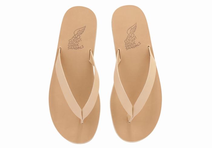 Men Ancient Greek Sandals Solon Leather Flip Flops Beige | SIB1190WL