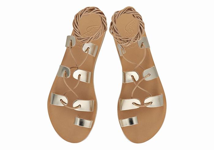 Women Ancient Greek Sandals Alcyone Leather Gladiator Sandals Gold White | GHR8876MJ