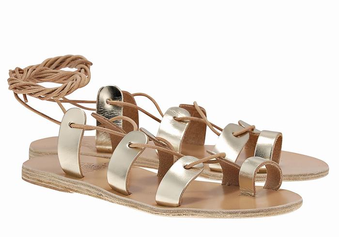 Women Ancient Greek Sandals Alcyone Leather Gladiator Sandals Gold White | GHR8876MJ