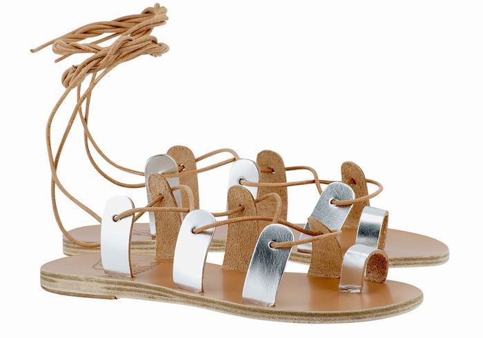 Women Ancient Greek Sandals Alcyone Leather Gladiator Sandals Silver | ZEL6254DZ