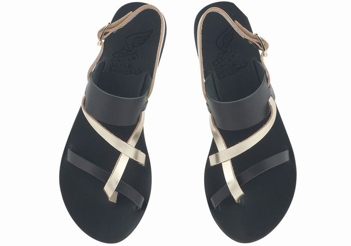 Women Ancient Greek Sandals Alethea Leather Back-Strap Sandals Black Gold White | VSQ7418IN