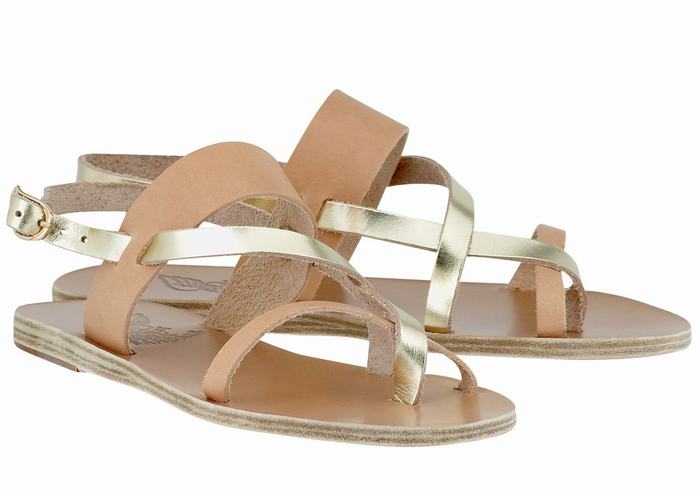 Women Ancient Greek Sandals Alethea Leather Back-Strap Sandals Beige Gold White | FAB10031XY