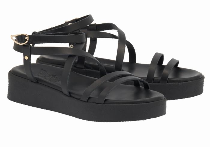 Women Ancient Greek Sandals Aristea Leather Platform Sandals Black | KAH95CP