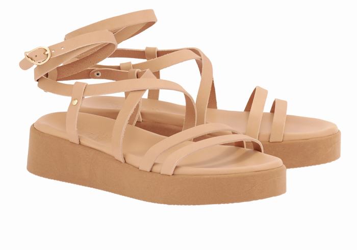 Women Ancient Greek Sandals Aristea Leather Platform Sandals Beige | SLB7411IL