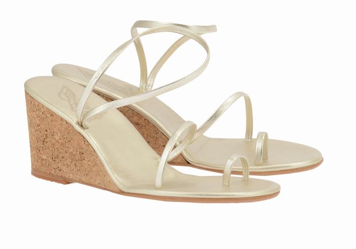 Women Ancient Greek Sandals Chora Mid Wedge Sandals Gold White | DFO3100MJ