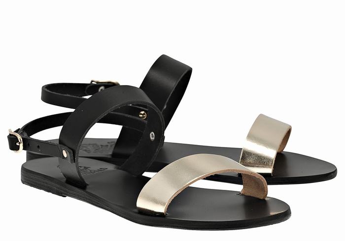 Women Ancient Greek Sandals Clio Back-Strap Sandals Black Gold White | UCQ5142LW