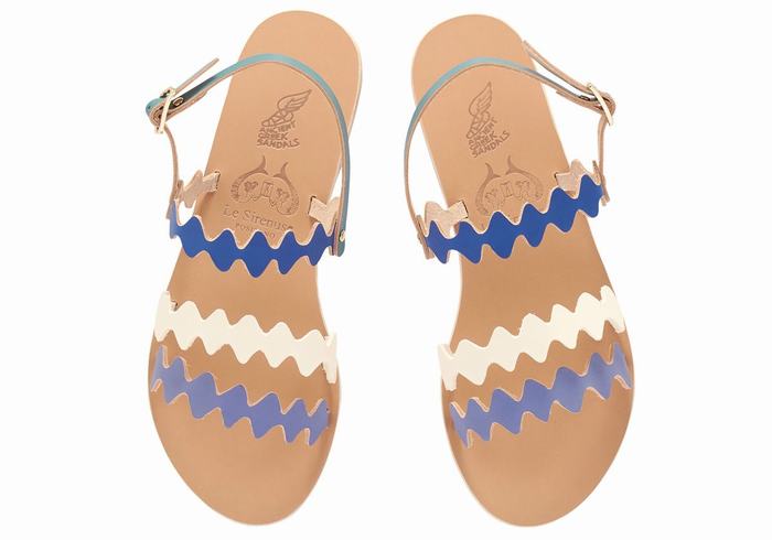 Women Ancient Greek Sandals Clio Onda Back-Strap Sandals Blue White | IWG2026QY