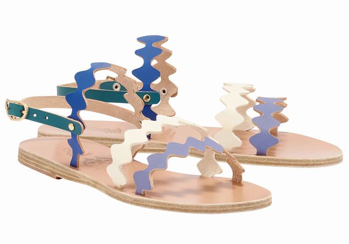 Women Ancient Greek Sandals Clio Onda Back-Strap Sandals Blue White | IWG2026QY