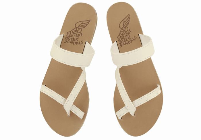 Women Ancient Greek Sandals Daphnae Leather Slide Sandals White | LJX8833DO