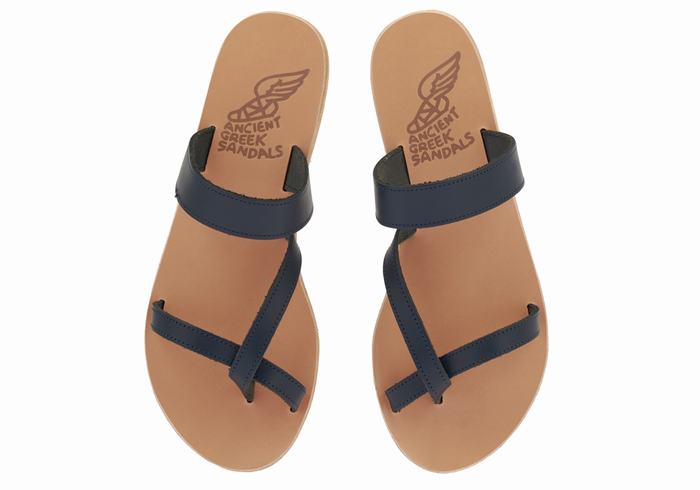 Women Ancient Greek Sandals Daphnae Leather Slide Sandals Dark Blue | EOG2027UF