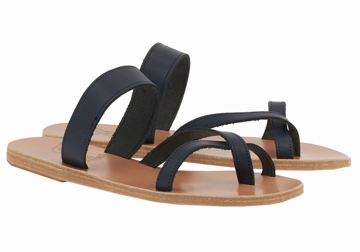 Women Ancient Greek Sandals Daphnae Leather Slide Sandals Dark Blue | EOG2027UF