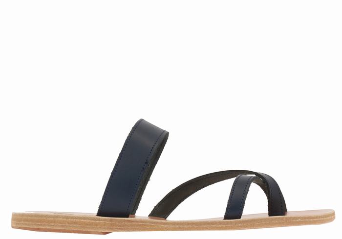 Women Ancient Greek Sandals Daphnae Leather Slide Sandals Dark Blue | EOG2027UF