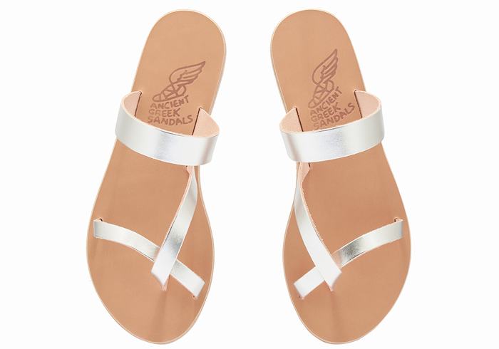 Women Ancient Greek Sandals Daphnae Leather Slide Sandals Silver | JXH2287ST