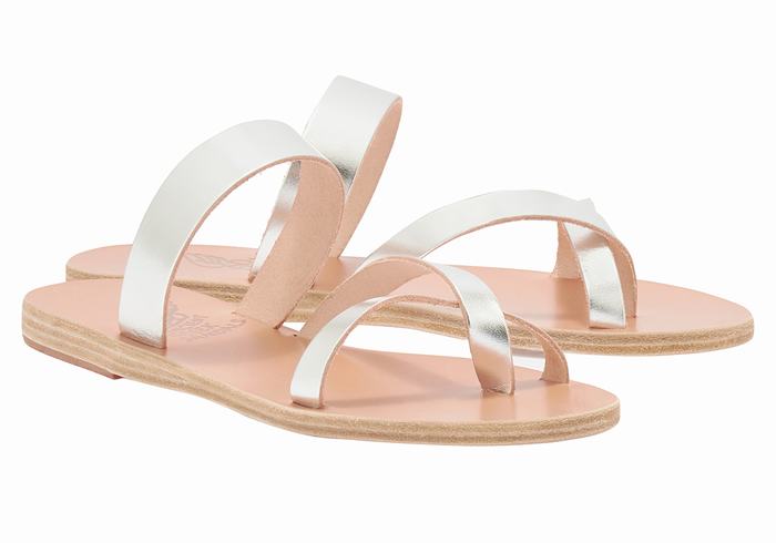 Women Ancient Greek Sandals Daphnae Leather Slide Sandals Silver | JXH2287ST