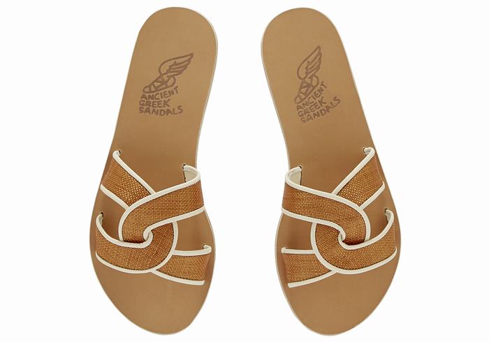 Women Ancient Greek Sandals Desmos Slide Sandals Brown White | BJP407OU