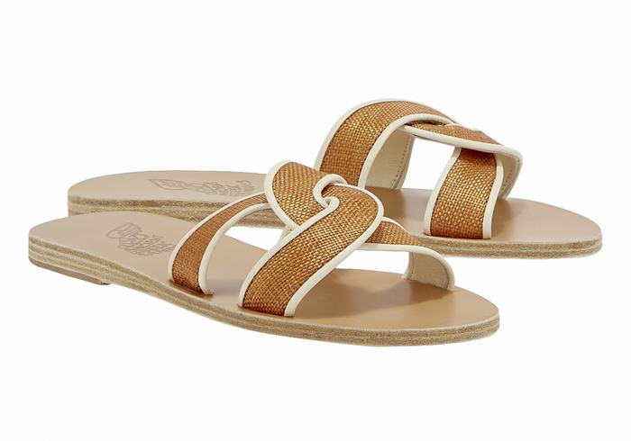 Women Ancient Greek Sandals Desmos Slide Sandals Brown White | BJP407OU