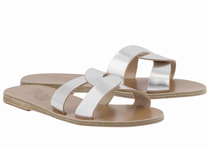 Women Ancient Greek Sandals Desmos Slide Sandals Silver | SOP6852GG