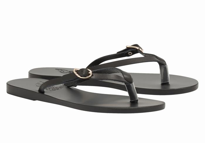 Women Ancient Greek Sandals Dihalo Leather Flip Flops Black | DVZ7489UI