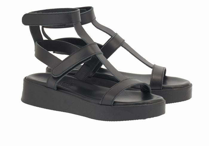 Women Ancient Greek Sandals Efrosini Leather Platform Sandals Black | QAL5467XM