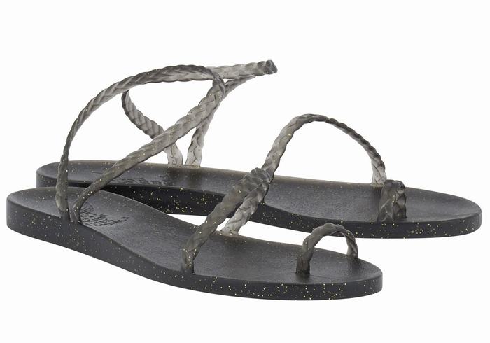 Women Ancient Greek Sandals Eleftheria Braided Sandals Black Gold | PCT3966LQ