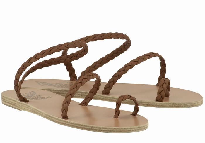 Women Ancient Greek Sandals Eleftheria Leather Braided Sandals Chocolate | OAQ2730RF