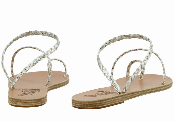 Women Ancient Greek Sandals Eleftheria Leather Braided Sandals Silver Gold White | NOO3771QM