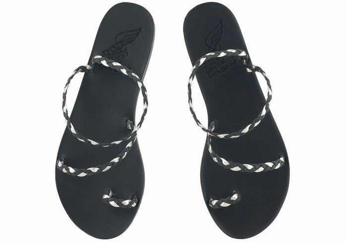 Women Ancient Greek Sandals Eleftheria Leather Braided Sandals Black Gold White | FGY975XI