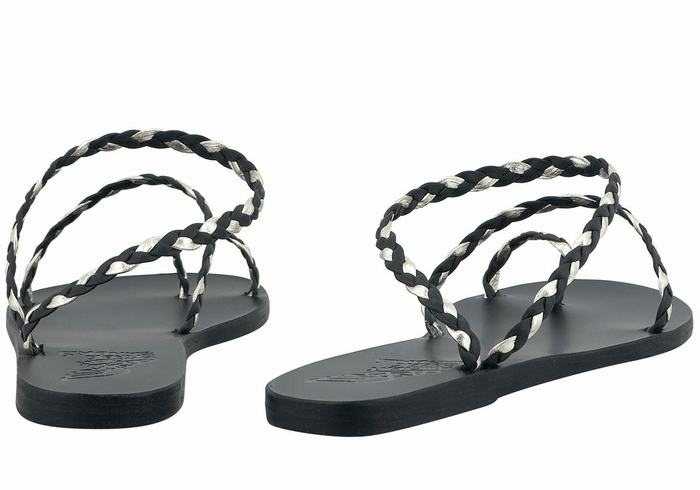 Women Ancient Greek Sandals Eleftheria Leather Braided Sandals Black Gold White | FGY975XI