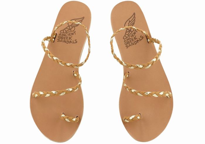 Women Ancient Greek Sandals Eleftheria Leather Braided Sandals Beige Gold White | CYL5270XQ