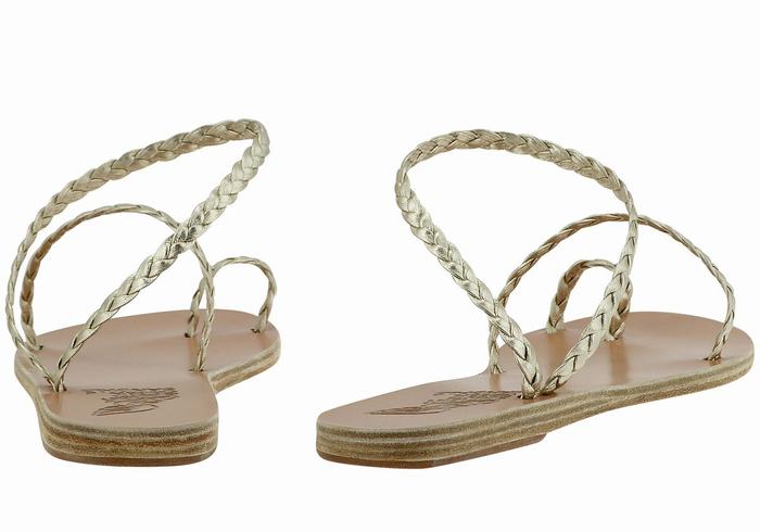 Women Ancient Greek Sandals Eleftheria Leather Braided Sandals Gold White | ABS1022XC