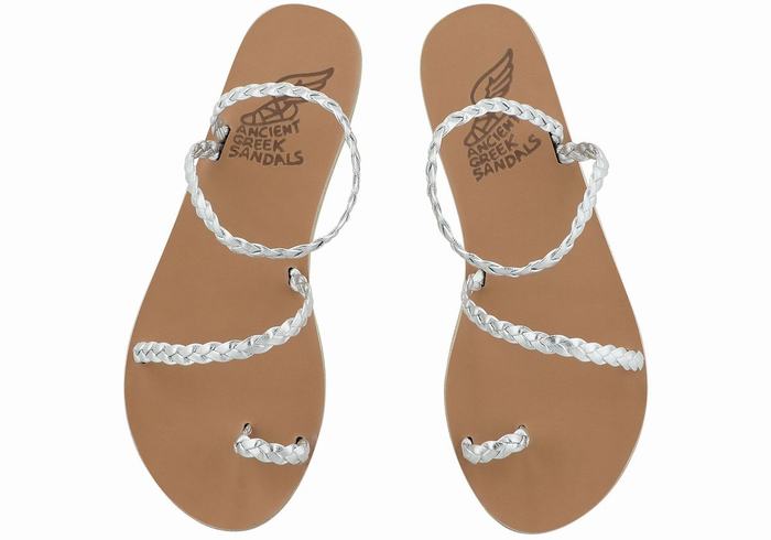 Women Ancient Greek Sandals Eleftheria Leather Braided Sandals Silver | XKT3371CW