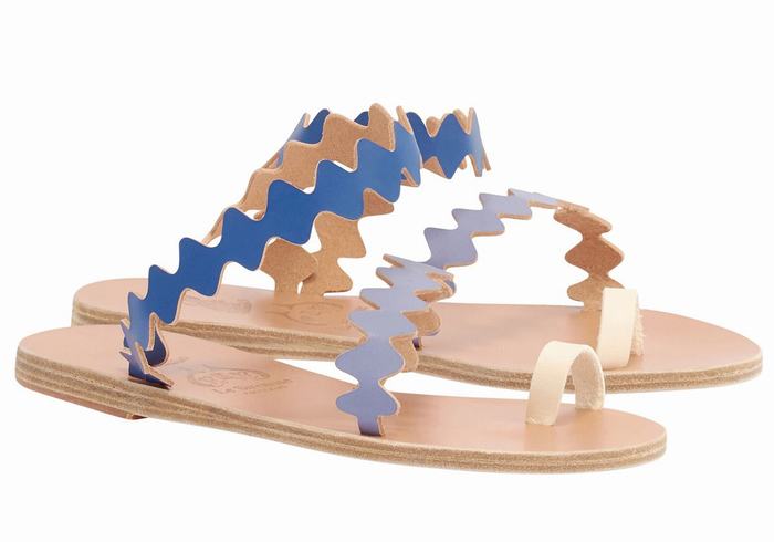 Women Ancient Greek Sandals Eleftheria Onda Leather Toe-Post Sandals Blue White | CPA8935KH