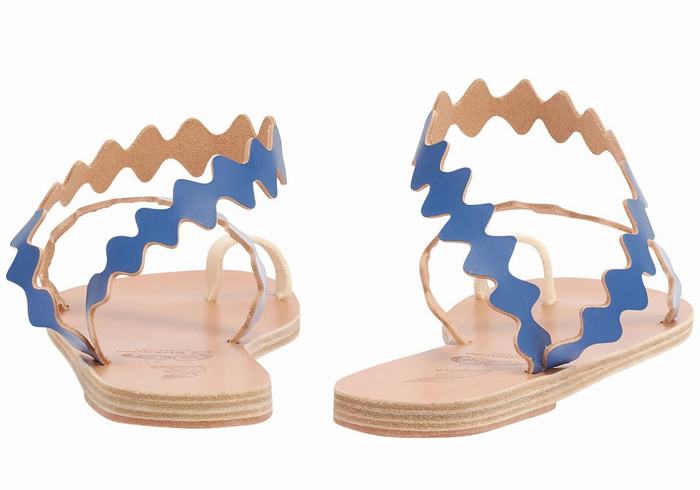 Women Ancient Greek Sandals Eleftheria Onda Leather Toe-Post Sandals Blue White | CPA8935KH