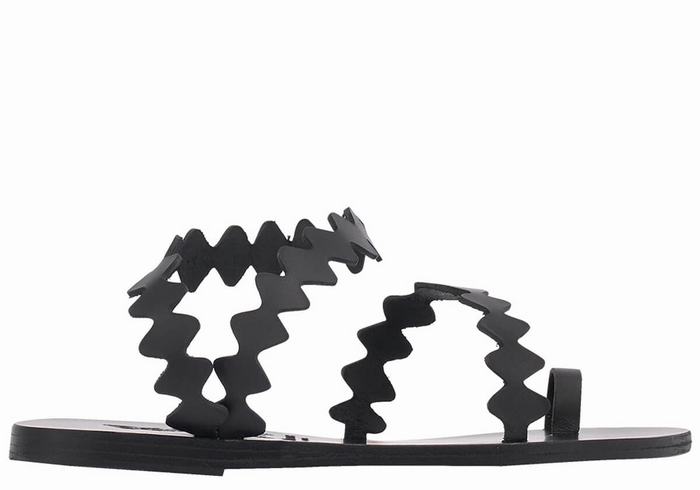 Women Ancient Greek Sandals Eleftheria Onda Leather Toe-Post Sandals Black | FXW4089PM