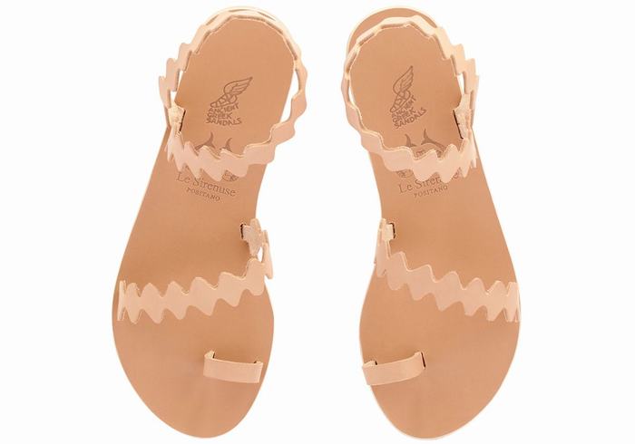 Women Ancient Greek Sandals Eleftheria Onda Leather Toe-Post Sandals Beige | QGQ5658MA