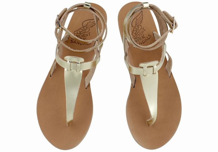 Women Ancient Greek Sandals Estia Leather Ankle Strap Sandals Gold White | PVD3326FP