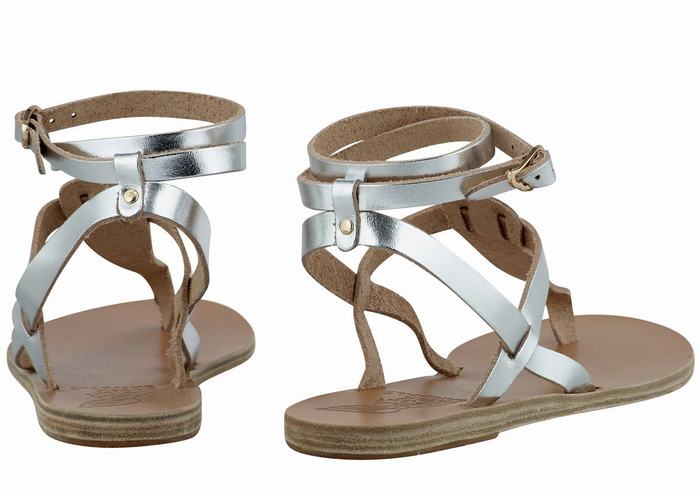 Women Ancient Greek Sandals Estia Leather Ankle Strap Sandals Silver | SMJ1326ZT