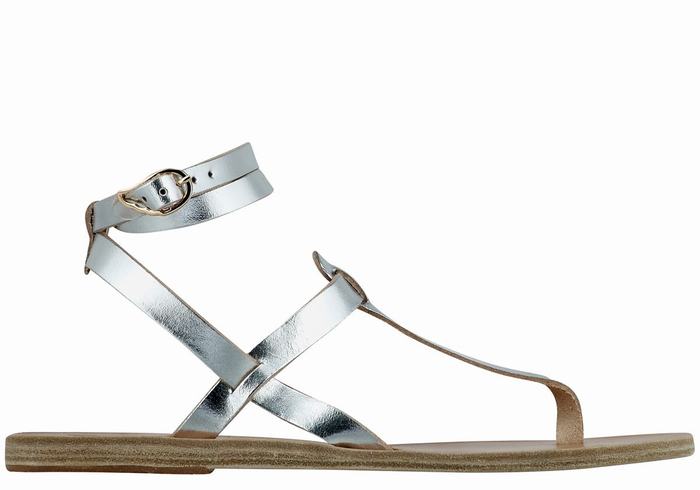 Women Ancient Greek Sandals Estia Leather Ankle Strap Sandals Silver | SMJ1326ZT