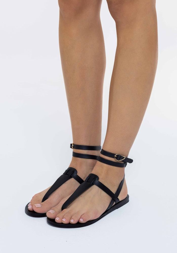 Women Ancient Greek Sandals Estia Leather Ankle Strap Sandals Black | HCR321GO