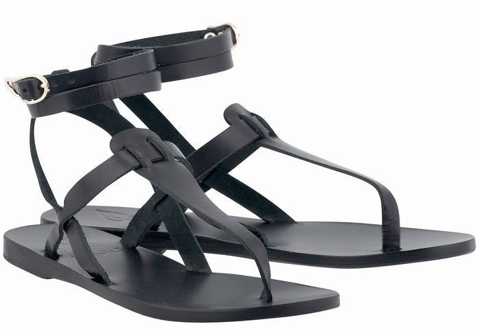 Women Ancient Greek Sandals Estia Leather Ankle Strap Sandals Black | HCR321GO