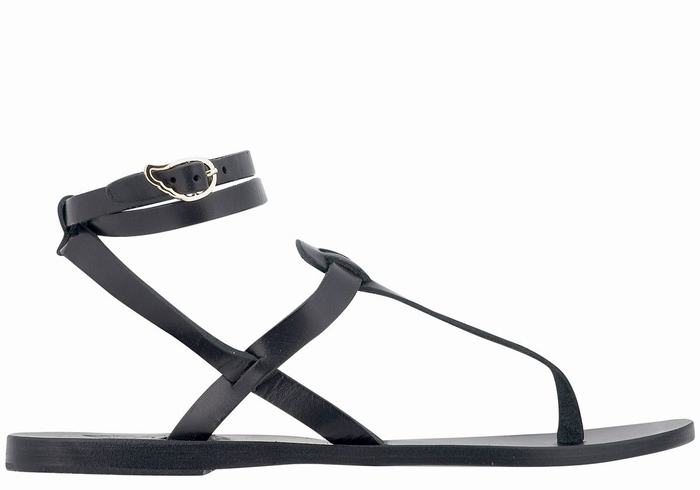 Women Ancient Greek Sandals Estia Leather Ankle Strap Sandals Black | HCR321GO