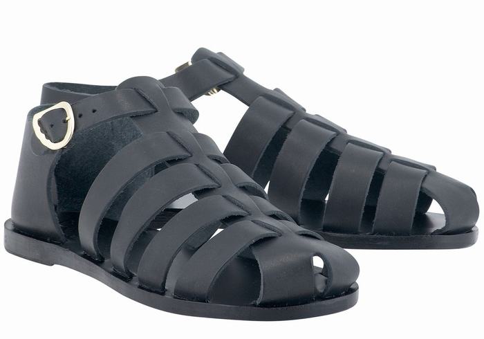 Women Ancient Greek Sandals Homeria Leather Fisherman Sandals Black | JUT688GD